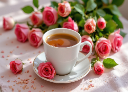 Kawa, Filiżanka, Biała, Kwiaty, Róże