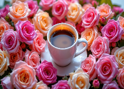 Biała, Filiżanka, Talerzyk, Kawa, Róże