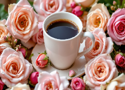 Kawa, Biała, Filiżanka, Talerzyk, Kwiaty, Róże