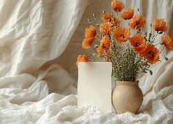 Kwiaty, Maki, Wazon, Biała, Kartka, Białe, Płótno