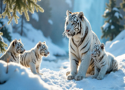 Białe, Tygrysy, Zima, Śnieg, Tygrysica, Trzy, Tygrysiątka, Gałązki, Iglaste, Grafika AI