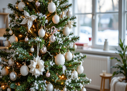 Choinka, Białe, Ozdoby, Bombki, Okno, Boże Narodzenie, Grafika AI