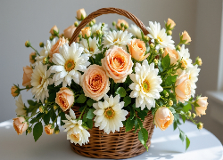 Kwiaty, Białe, Chryzantemy, Brzoskwiniowe, Róże, Bukiet, Wiklinowy, Koszyk