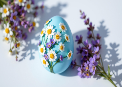 Wielkanoc, Niebieskie, Jajko, Białe, Fioletowe, Kwiaty