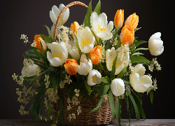 Kwiaty, Tulipany, Białe, Pomarańczowe, Bukiet, Koszyk