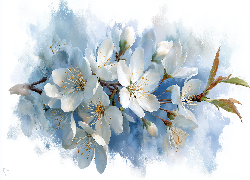 Białe, Kwiaty, Gałązka, Drzewo owocowe, Grafika AI