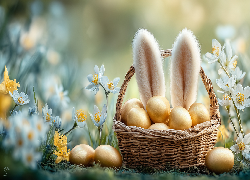 Złote, Jajka, Koszyk, Uszy królika, Białe, Kwiaty, Wielkanoc, Grafika AI