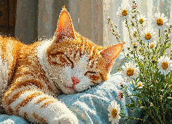 Rudy, Śpiący, Kot, Kwiaty, Grafika AI