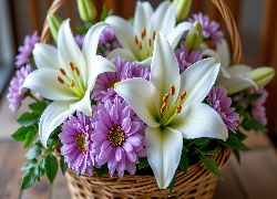 Białe, Lilie, Fioletowe, Astry, Kosz, Kwiaty