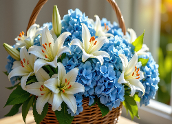 Kwiaty, Lilie, Hortensje, Koszyk
