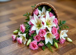 Kwiaty, Białe, Lilie, Różowe, Róże, Kosz, Wiklinowy