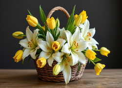 Kwiaty, Białe, Lilie, Żółte, Tulipany, Koszyk