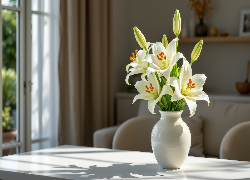 Białe, Lilie, Biały, Wazon, Stół