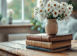 Książki, Kwiaty, Margerytki, Wazon, AI