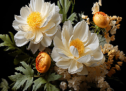 Białe, Kwiaty, Pomarańczowe, Pąki, Liście, 2D
