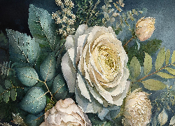 Malarstwo, Kwiaty, Białe, Róże, Listki
