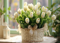 Kwiaty, Białe, Tulipany, Koszyk, Okno, Grafika