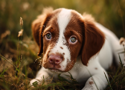 Leżący, Biało-brązowy, Pies
