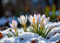 Biało-fioletowe, Krokusy, Śnieg
