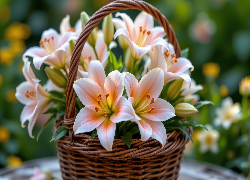 Biało-pomarańczowe, Lilie, Pąki, Wiklinowy, Koszyk