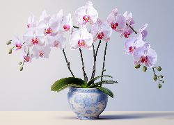 Biało-różowe, Storczyki, Donica, Zielone, Listki