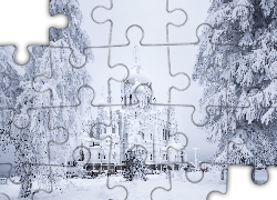 Cerkiew, Białogórski Monaster św Mikołaja, Zima, Śnieg, Drzewa, Biała Góra, Obwód permski, Rosja
