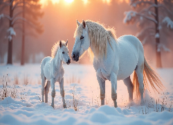 Konie, Źrebak, Zima, Grafika AI