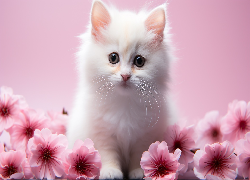 Kot, Mały, Biały, Kwiaty, Różowe tło, Grafika