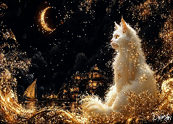 Grafika, Biały, Kot, Noc, Gwiazdy, Księżyc, Domy