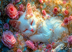 Kot, Biały, Róże, Grafika AI