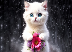Biały, Kotek, Kwiaty Słodkie Zwierzęta, Dla dzieci