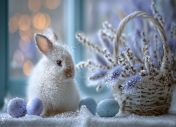 Biały, Królik, Pisanki, Koszyk, Bazie, Kłosy, Trawa, Wielkanoc, Grafika AI