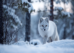 Biały, Lis, Las, Zima, Grafika AI