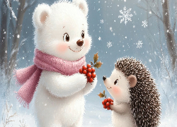 Biały, Miś, Szalik, Jeż, Owoce, Ostrokrzew