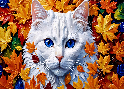 Kot, Biały, Niebieskie, Oczy, Liście, Grafika AI