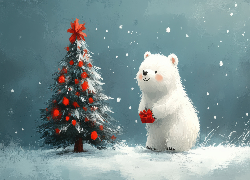Boże Narodzenie, Biały, Niedźwiadek, Prezent, Choinka, Grafika