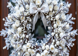 Boże Narodzenie, Wianek, Gałązki, Ośnieżone, Kwiaty, Białe, Kokarda, AI