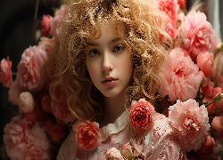 Dziewczyna, Blondynka, Różowe, Kwiaty