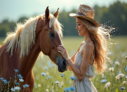Kobieta, Blondynka, Kapelusz, Koń, Łąka, Kwiaty, AI