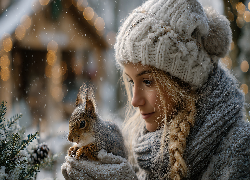 Kobieta, Warkocz, Czapka, Szal, Wiewiórka, Grafika AI