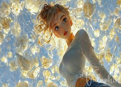 Młoda, Kobieta, Blondynka, Białe, Kwiaty, Anime