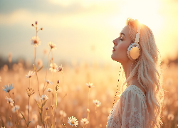 Kobieta, Blondynka, Słuchawki, Kwiaty