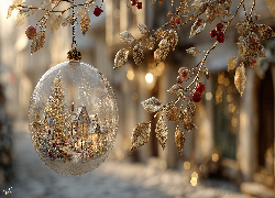 Boże Narodzenie, Bombka, Złote, Liście, Gałązki, Grafika AI