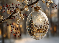 Boże Narodzenie, Bombka, Złote, Liście, Gałązka, Grafika AI
