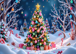 Boże Narodzenie, Choinka, Udekorowana, Bombki, Prezenty, Zima, Gałązki, AI