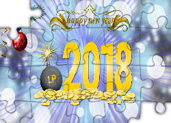 Nowy Rok, 2018, Napis, Happy New Year, Bombki, Gałązka