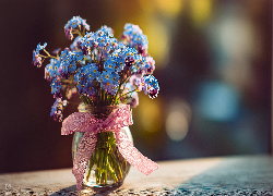 Niezapominajki, Niebieskie, Kwiaty, Wazonik, Różowa, Kokardka, Grafika AI