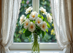 Bukiet, Białe, Kwiaty, Wazon, Okno, Firanki