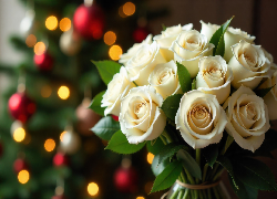 Kwiaty, Białe, Róże, Bukiet, Światła, Grafika AI