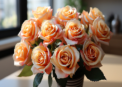 Kwiaty, Brzoskwiniowe, Róże, Bukiet, Wazon